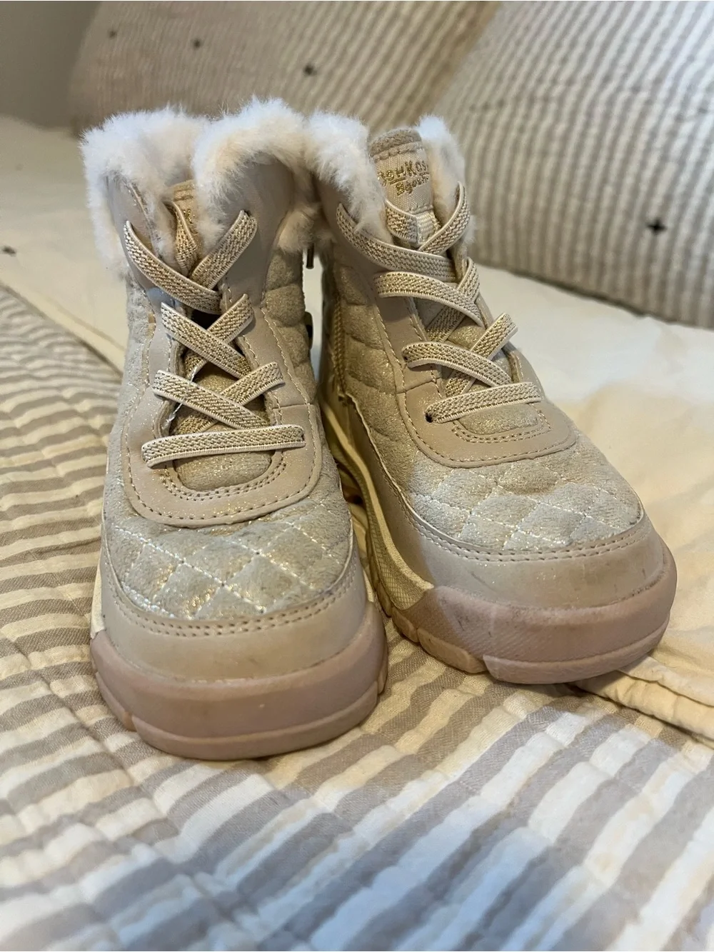 Kids Quilted Faux-Fur High-Top Boots in Light Pink and Glitter