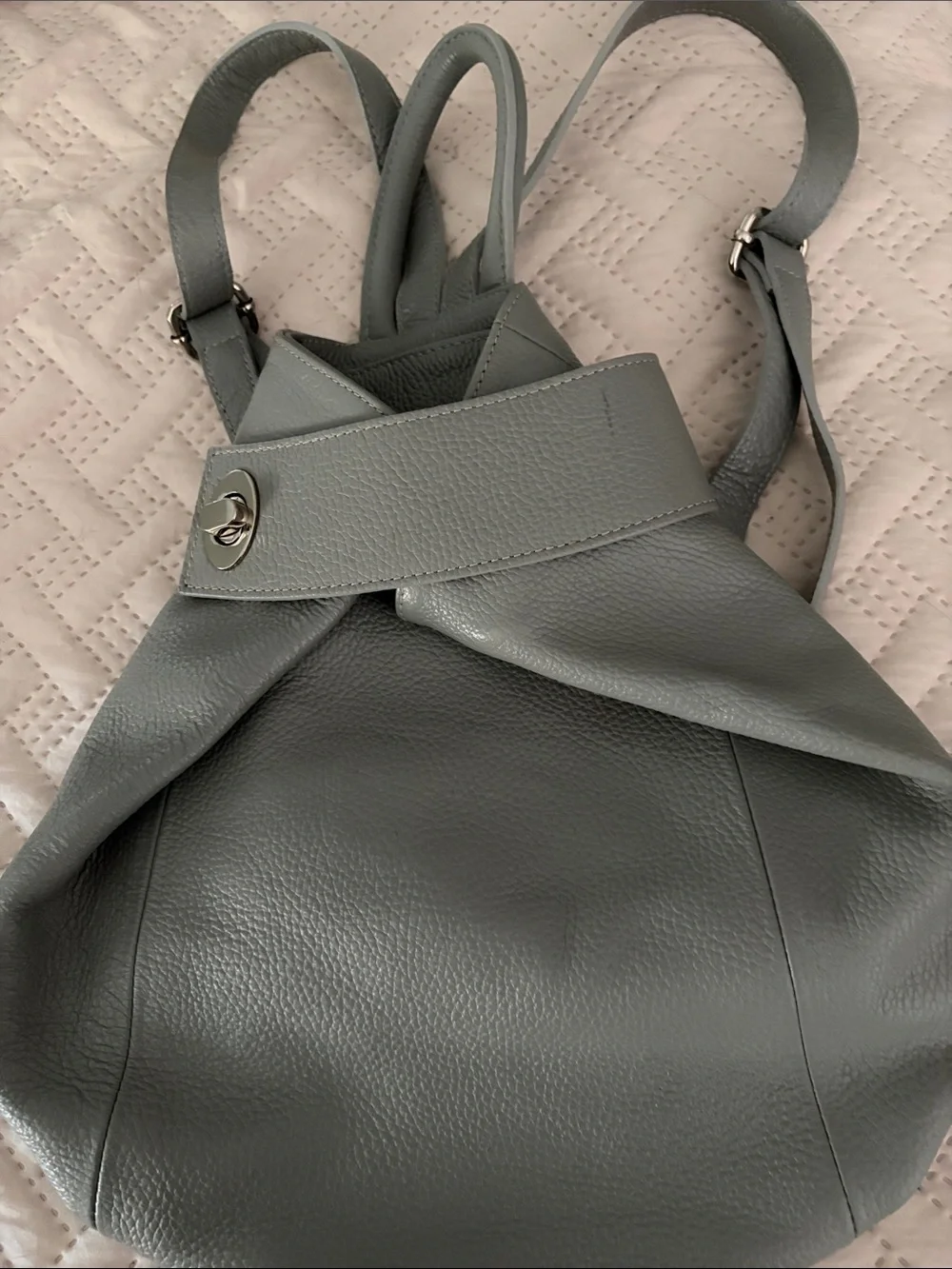 Pebbled Leather Fold-Over Backpack in Slate Blue-Gray