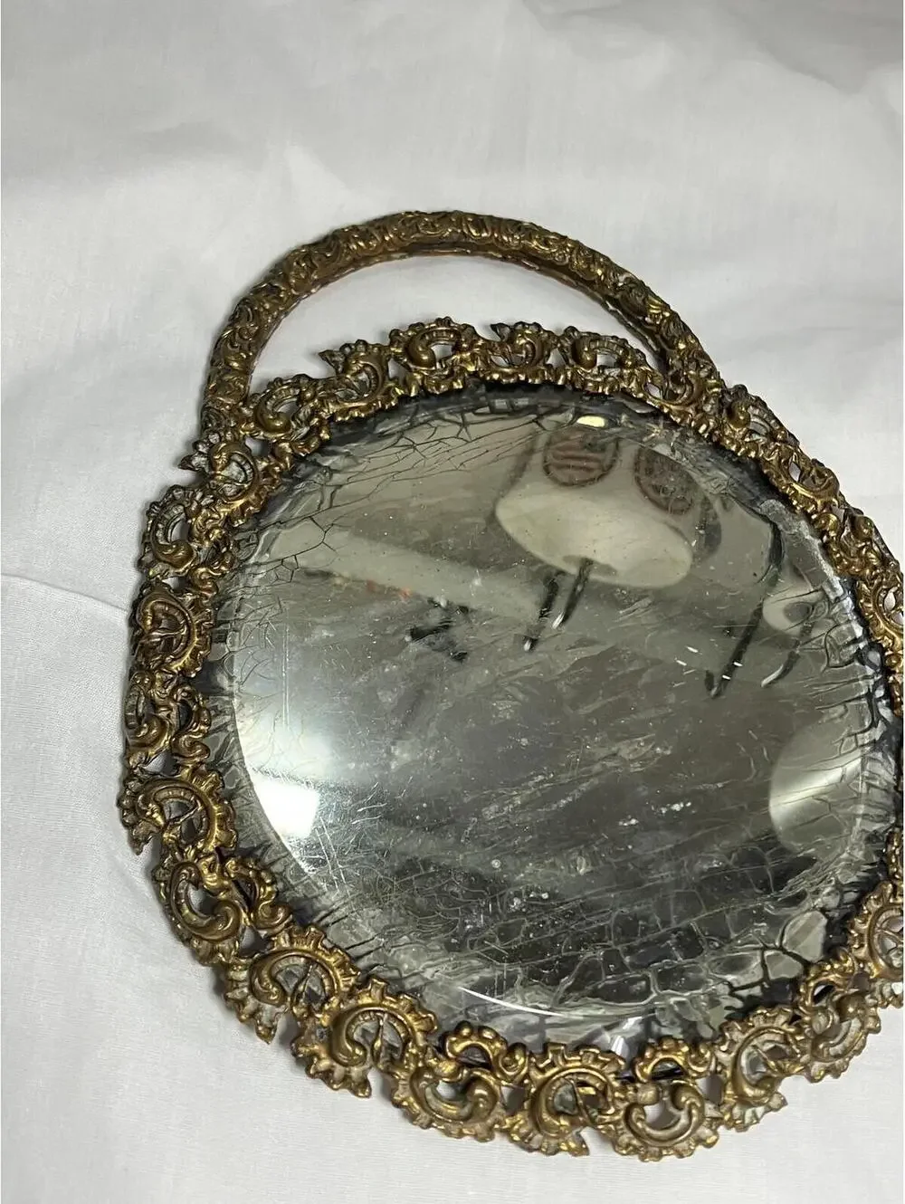 Vintage Brass Vanity Mirror Tray Round Ornate Handle