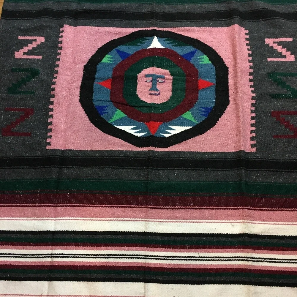 Vintage Handmade Mexican Aztec Pictorial Sun God Multicolor Rug Carpet 78