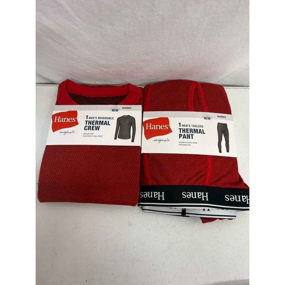 Hanes Men's Red  Reversible Thermal Crew And Thermal Pants Size Medium