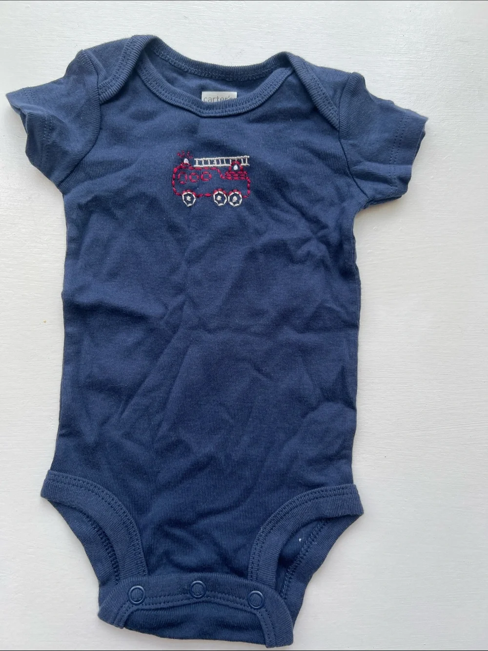 Carter's Navy Blue Short-Sleeve One-Piece with Red Fire Truck Embroidery