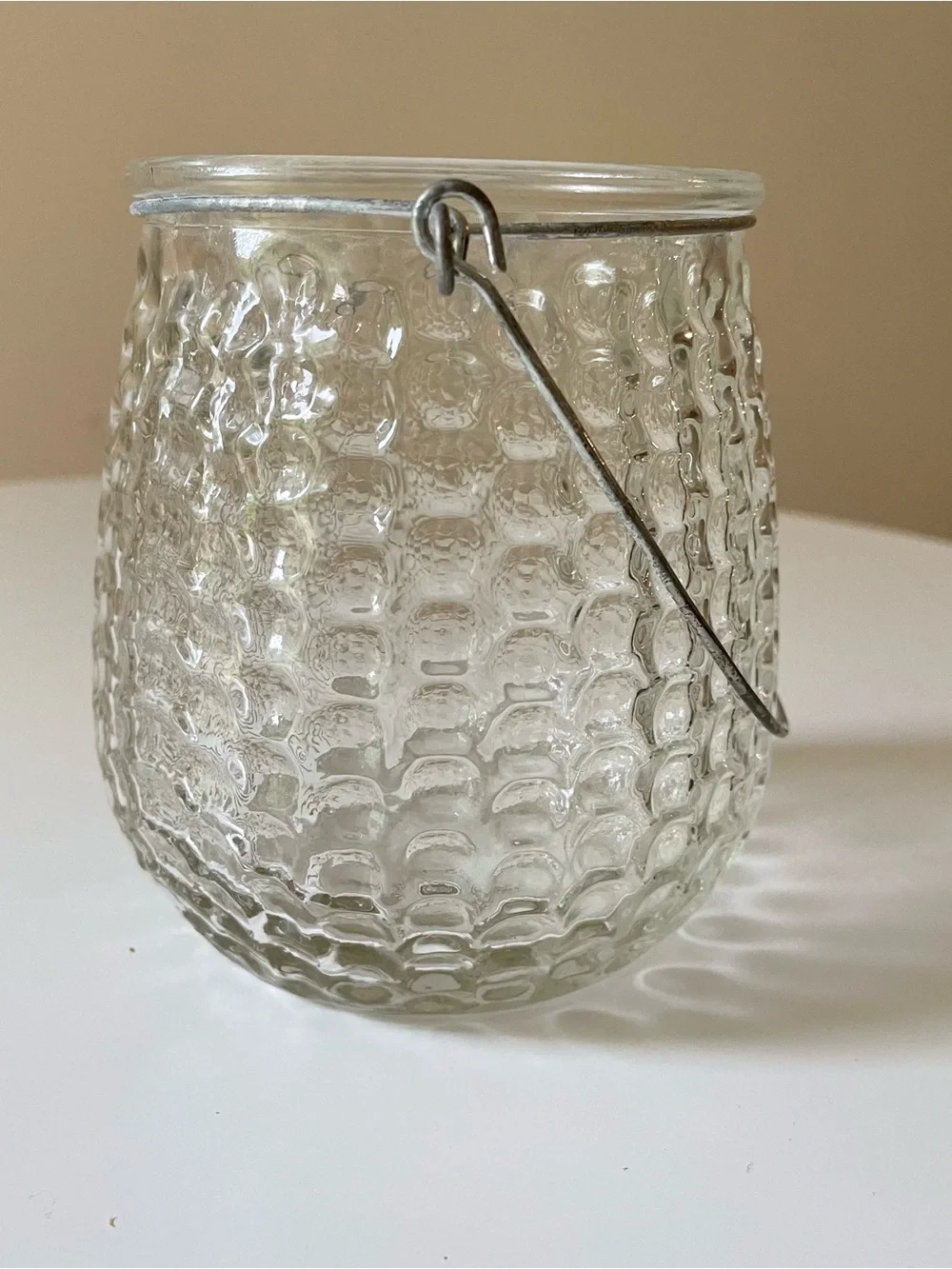 Clear Textured Glass Votive Holder Lantern with Metal Hanging Handle