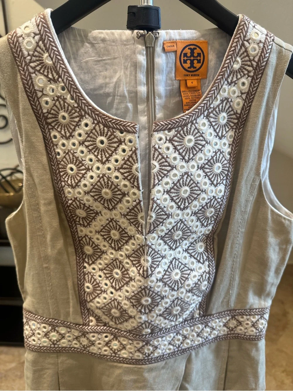 Tory Burch 100% Linen Beige Embroidered Sleeveless Dress With Mirror Detail