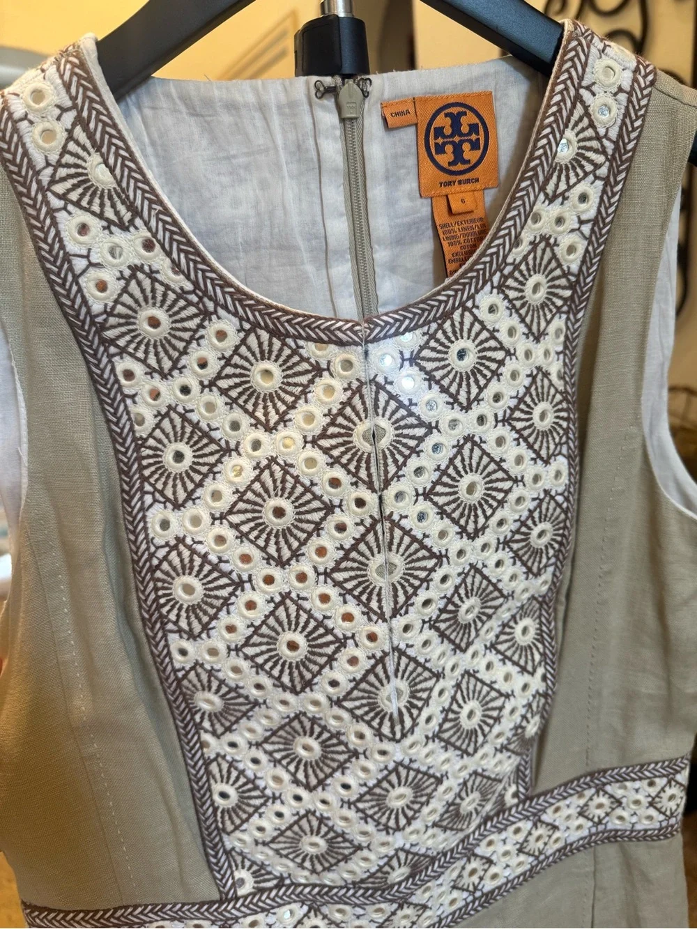 Tory Burch 100% Linen Beige Embroidered Sleeveless Dress With Mirror Detail