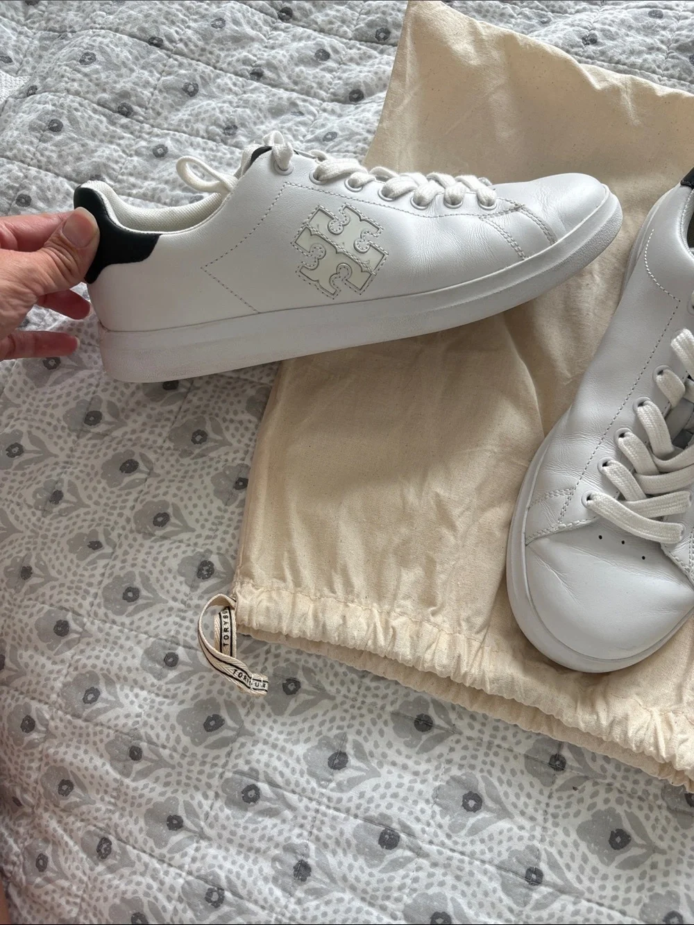 Tory Burch White Leather Sneakers with Black Heel Tab