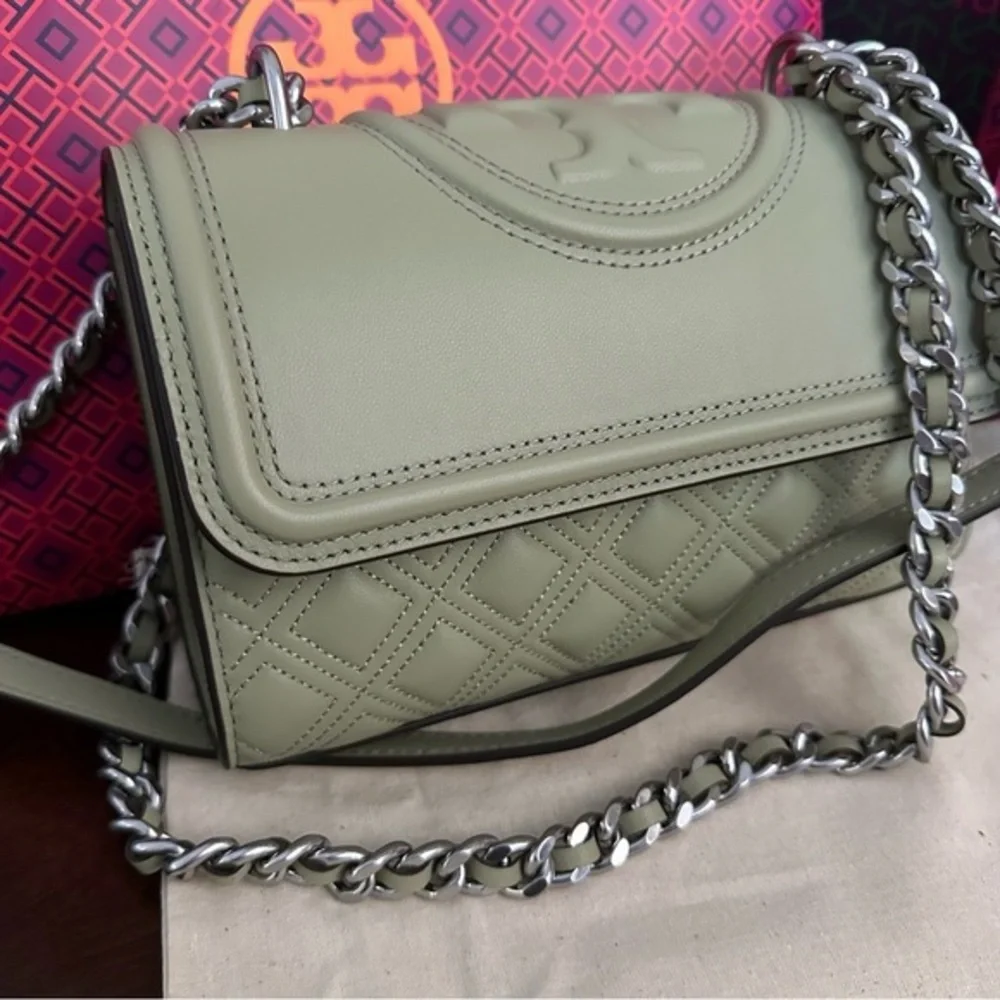 Tory Burch Olive Green Quilted Leather Shoulder Bag with Chain Strap