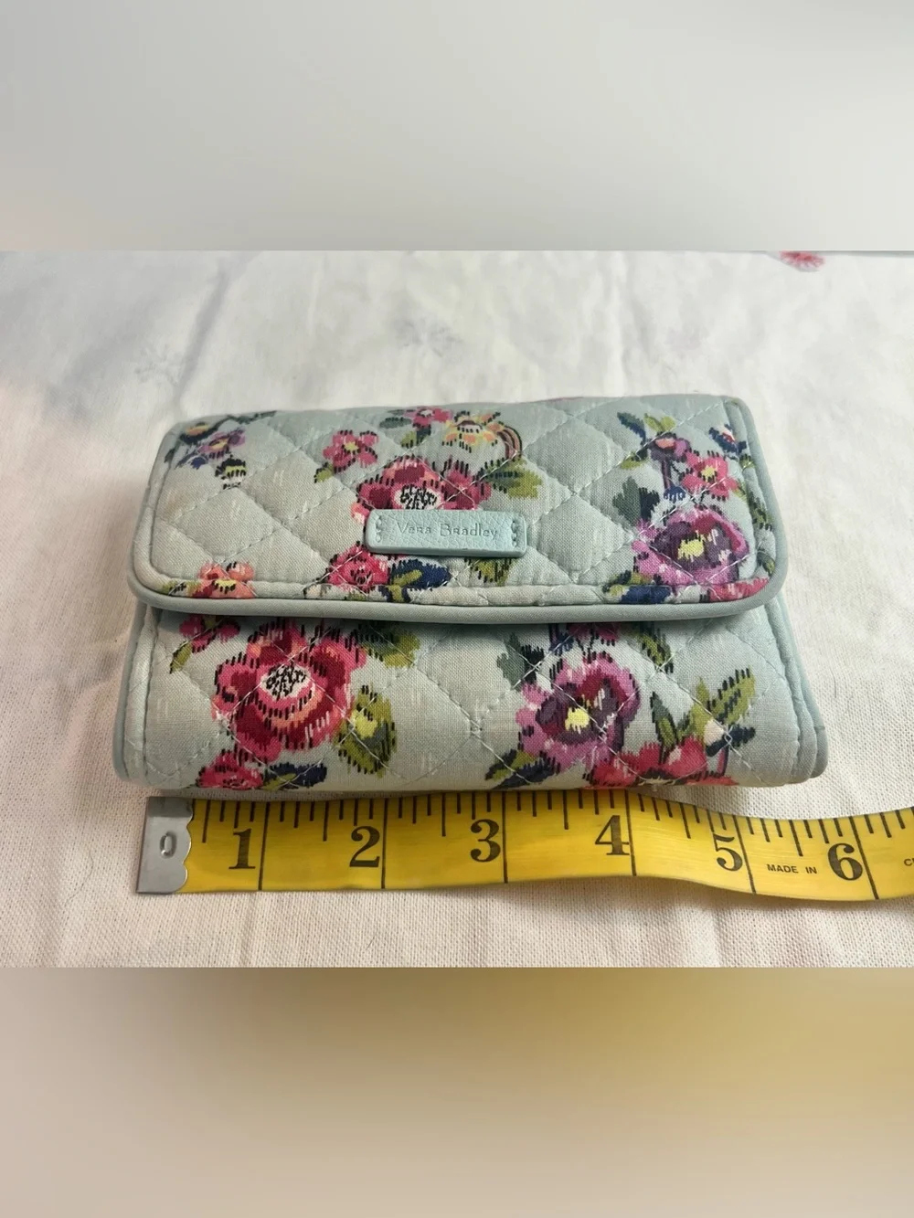 Vera Bradley Quilted Floral Wallet in Light Blue with Pink & Green Accents
