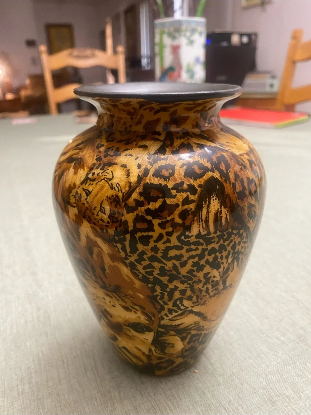 Vintage Safari Decorative Vase: African Jungle Patchwork Ceramic Decor