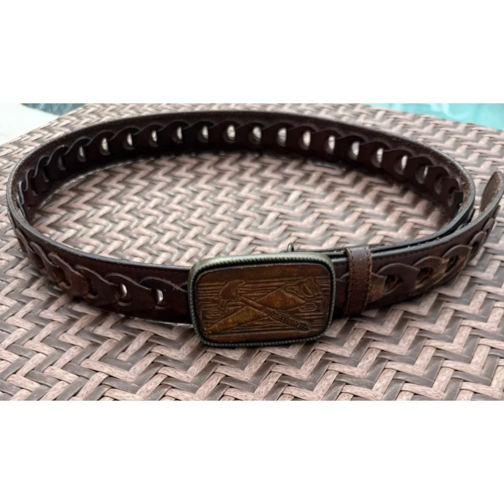 Leather Hand Tooled Woven Brown Belt Carpenter Buckle Hammer Saw Mexico Size 40