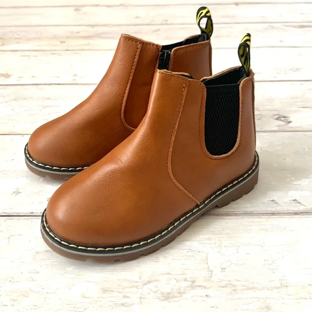 Girls Size 7 Toddler Brown Vegan Leather Chelsea Boots Side Zip Shoes NEW