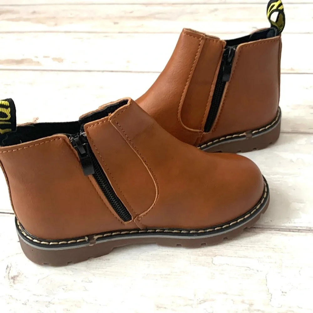Girls Size 7 Toddler Brown Vegan Leather Chelsea Boots Side Zip Shoes NEW