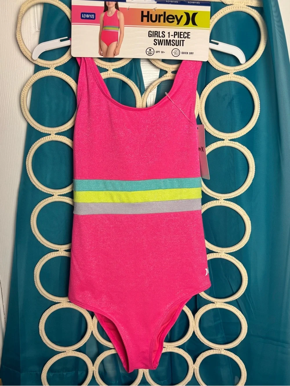 Hurley Pink Girls' One-Piece Swimsuit with Teal, Yellow & Gray Stripes Large NWT
