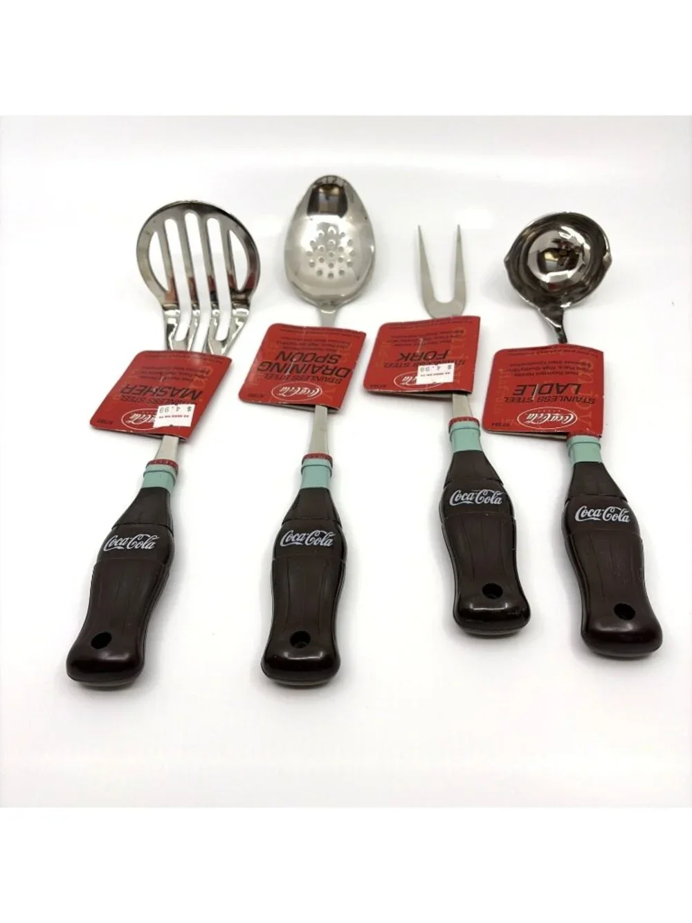 Coca-Cola 4 Pc Bottle Handle Kitchen Utensil Set Spoon Ladle Fork Masher Vintage