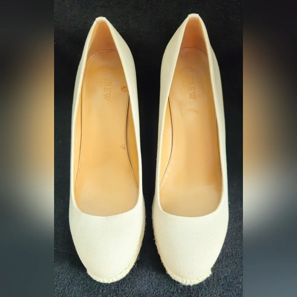 J. Crew Canvas Beige/Cream Espadrille Wedge Pumps - Size 10.5