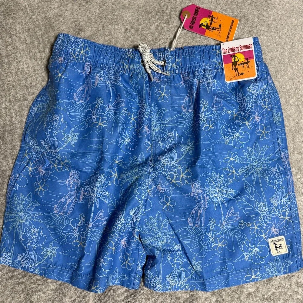 Endless Summer Boys Swim Trunks Size 14 Blue Tropical Floral Volley Shorts