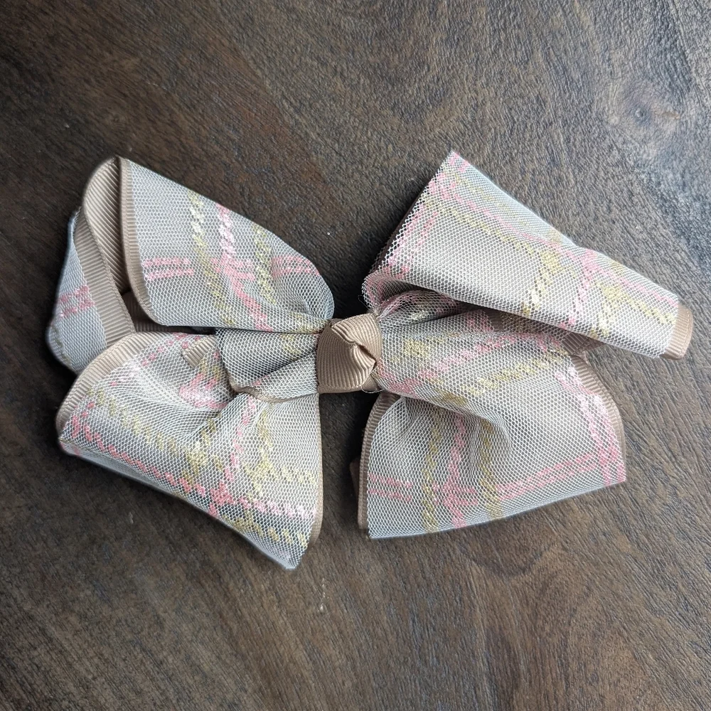 Pink, Taupe, Beige Hair Bow Clips Pink Gold Plaid Glitter