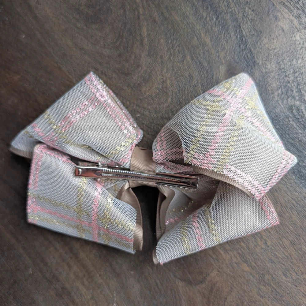 Pink, Taupe, Beige Hair Bow Clips Pink Gold Plaid Glitter