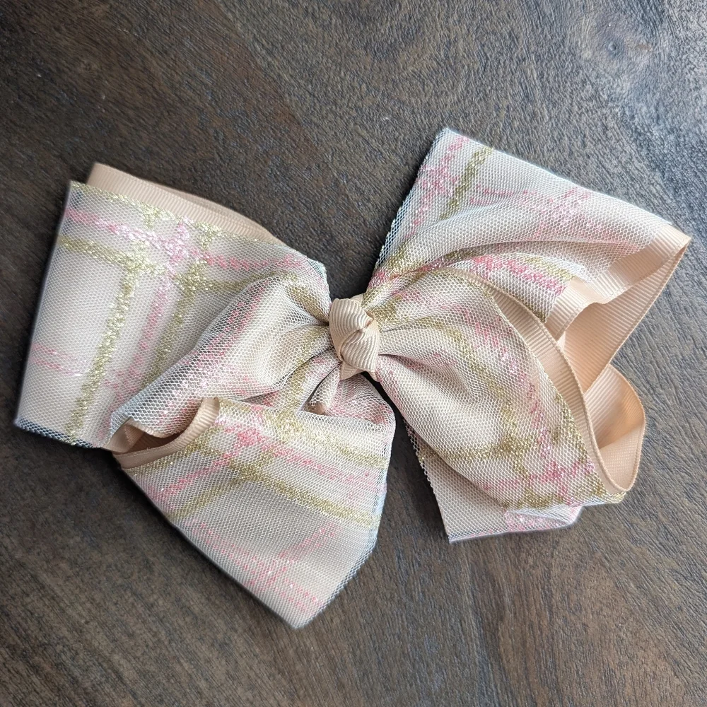 Pink, Taupe, Beige Hair Bow Clips Pink Gold Plaid Glitter