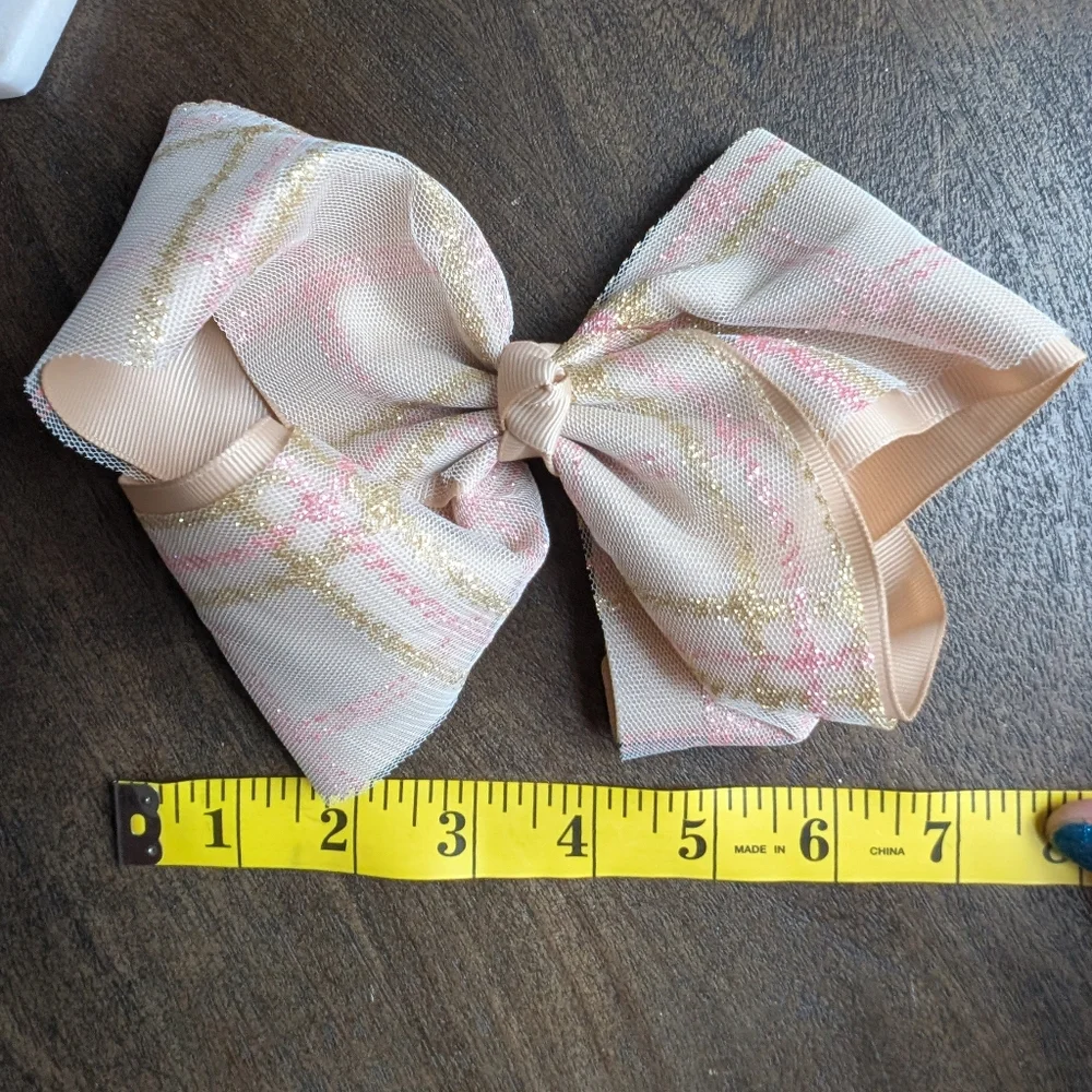 Pink, Taupe, Beige Hair Bow Clips Pink Gold Plaid Glitter