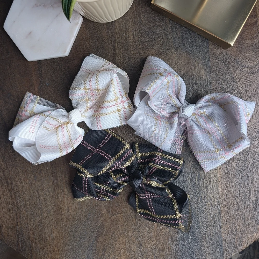 White, Gray, Black Hair Bow Clips Pink Gold Plaid Glitter