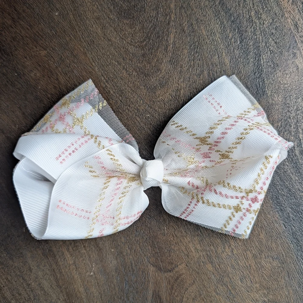 White, Gray, Black Hair Bow Clips Pink Gold Plaid Glitter