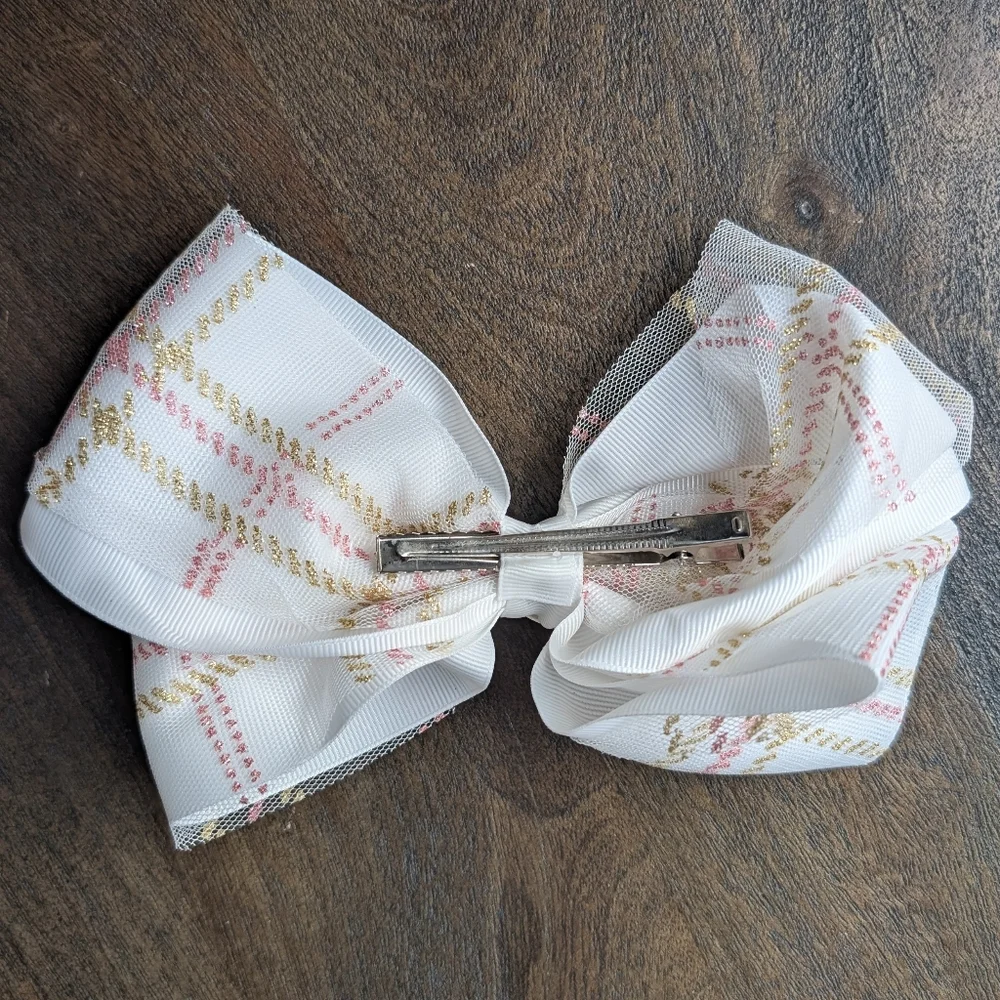 White, Gray, Black Hair Bow Clips Pink Gold Plaid Glitter