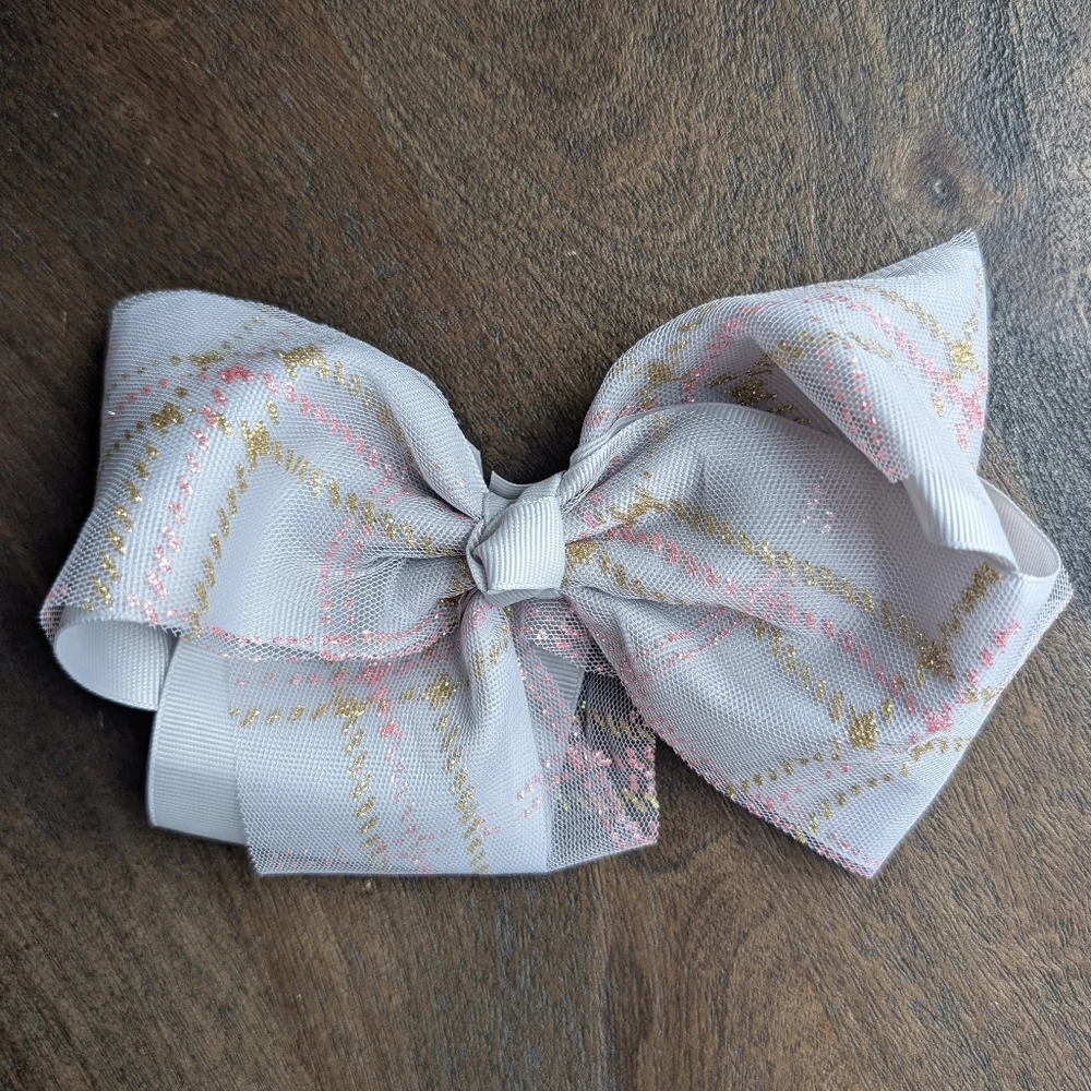 White, Gray, Black Hair Bow Clips Pink Gold Plaid Glitter