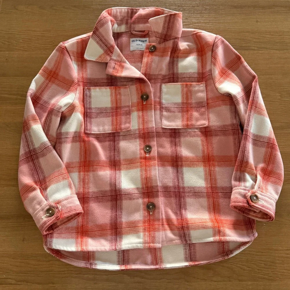 Old Navy Girls Pink Orange Plaid Button Front Shacket Shirt Jacket XL 14-16