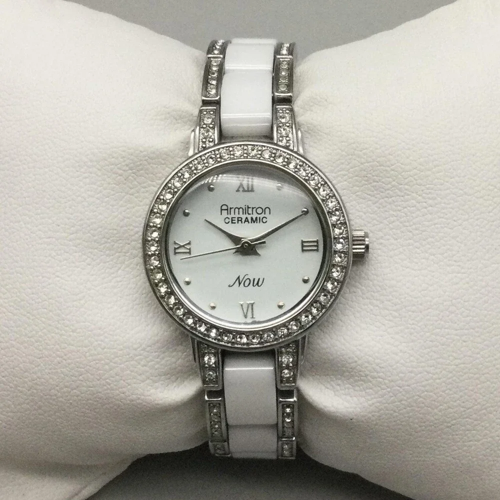 Armitron Now Womens Watch 24mm White Ceramic Bracelet Crystals New Battery 6