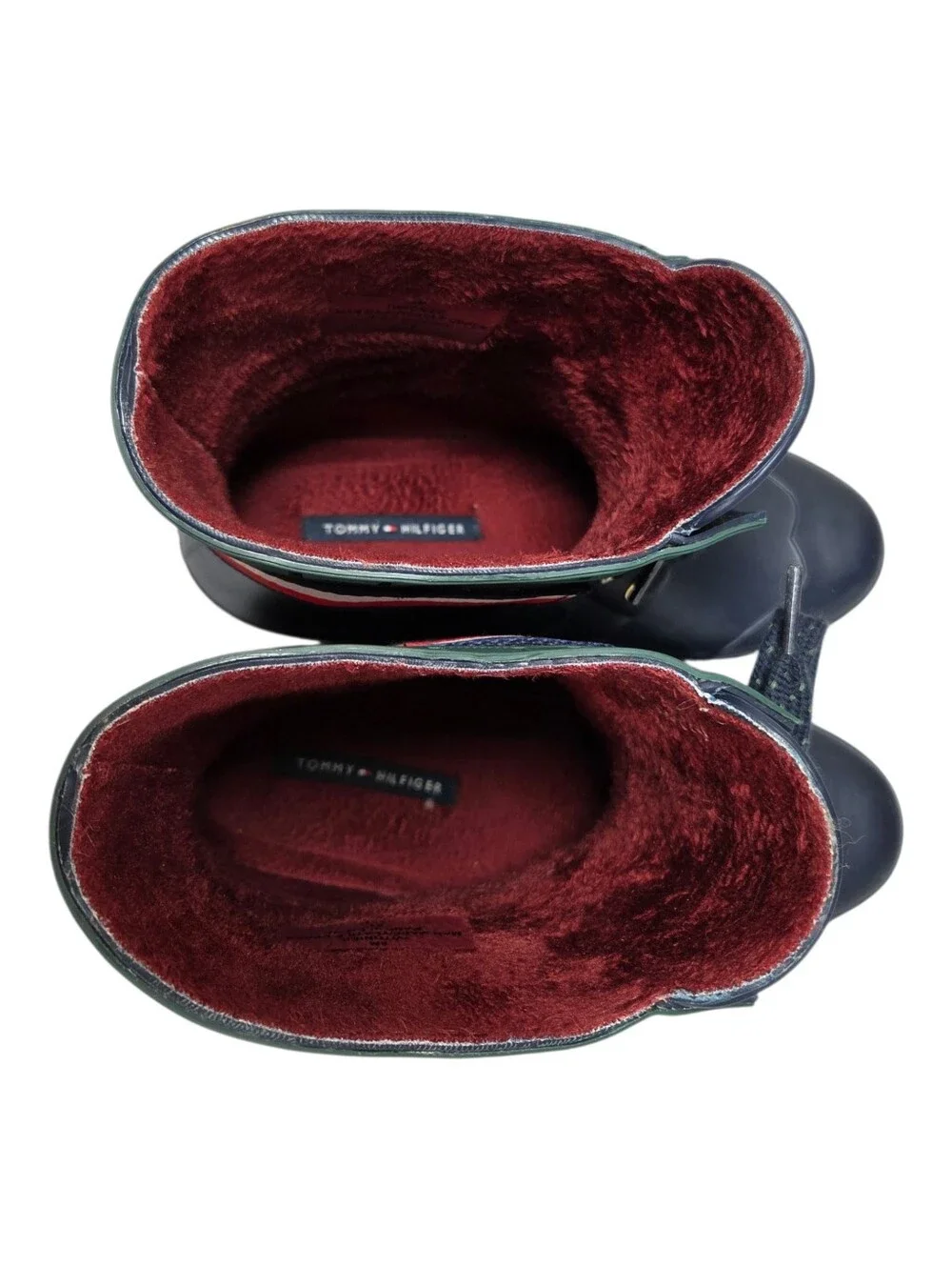 Tommy Hilfiger Navy Blue Rain Boots w/Red Faux Fur Lining Slip On Size 8
