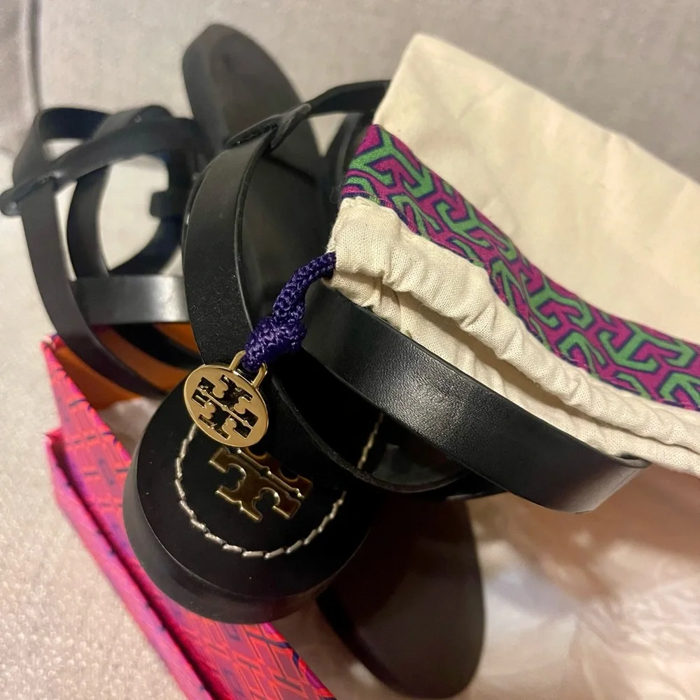 Tory Burch Black Leather Strappy Sandals-Patos Monarch Vachetta
