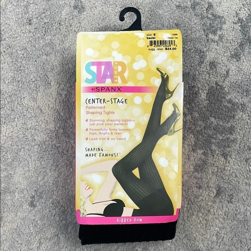Spanx Star Power Center Stage Patterned Shaping Tights Ribbed Row Black Sz E