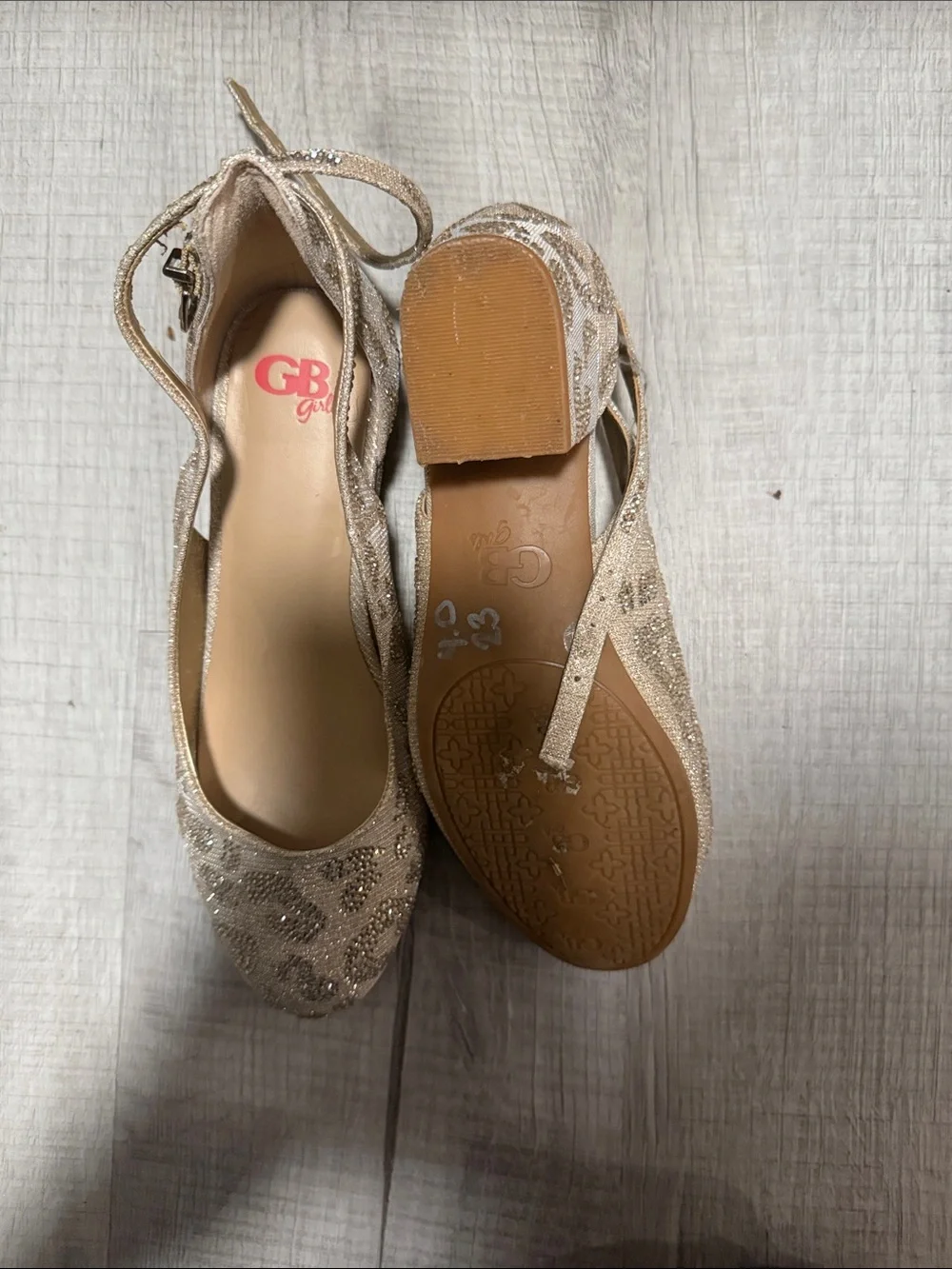 GB Girls Glittery Champagne Leopard Print Ankle-Strap Flats
