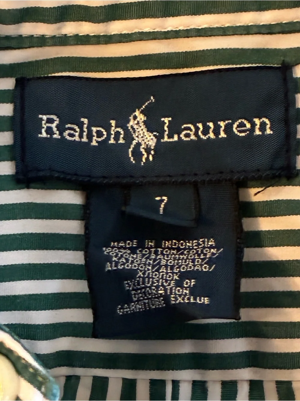 Boys Size 7 Ralph Lauren Green & White Striped Button-Down Shirt