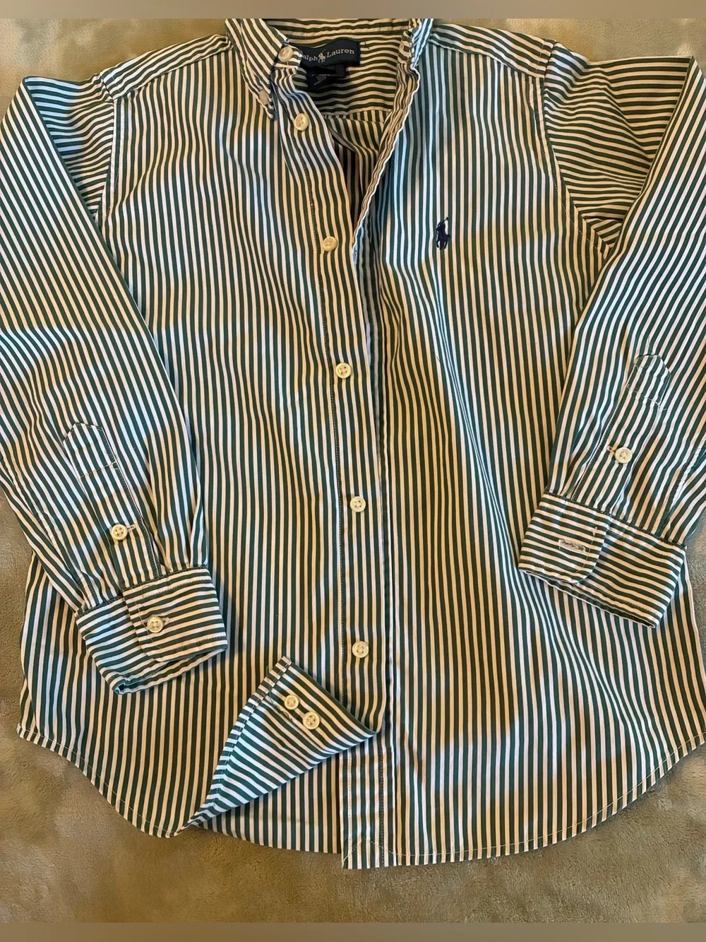 Boys Size 7 Ralph Lauren Green & White Striped Button-Down Shirt