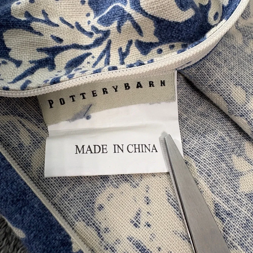 Pottery Barn Pillow Cover 12x20 Blue Floral Linen Cotton Lumbar Boho Coastal