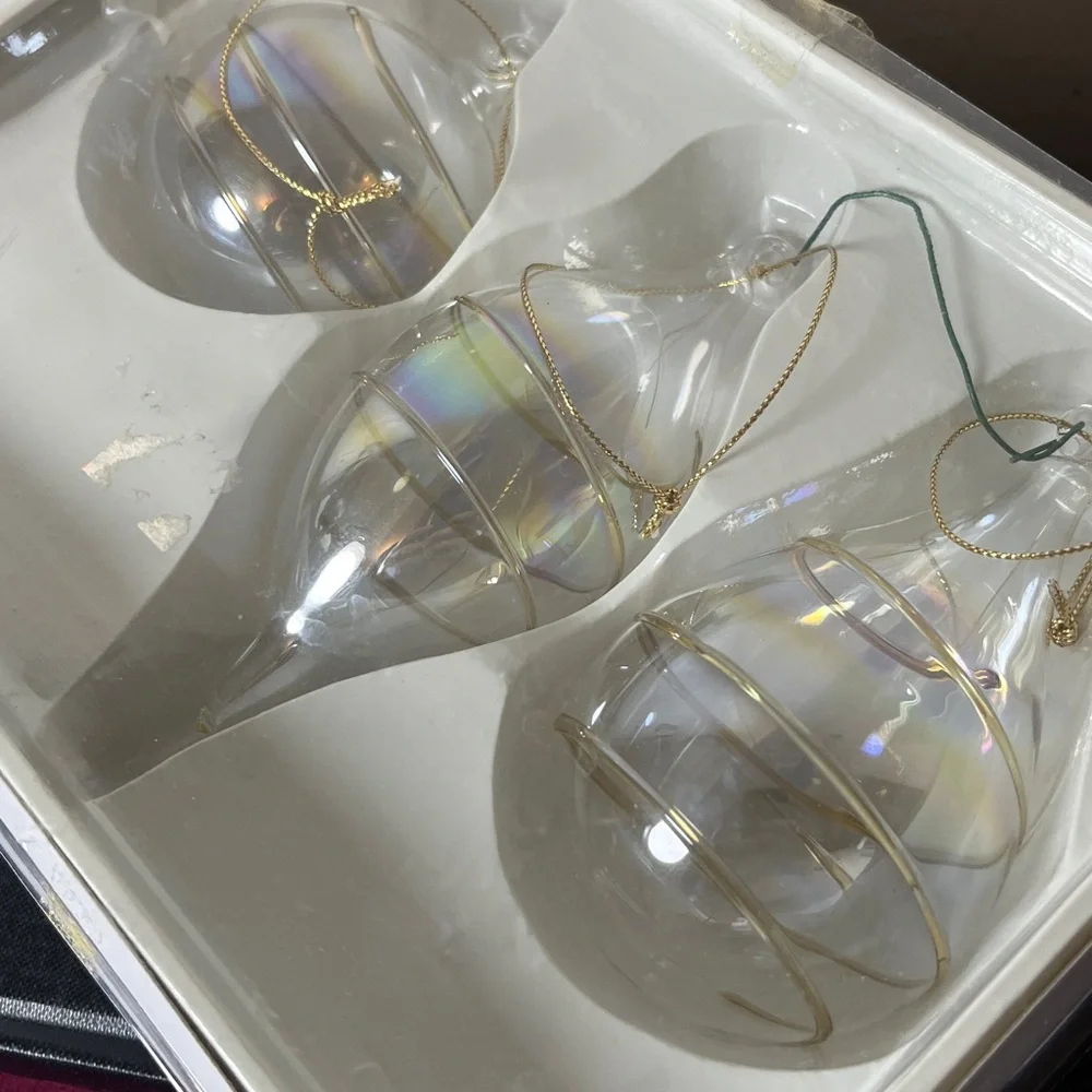 Vintage Hand Blown Iridescent Clear Glass Gold Spiral Finial Holiday Ornaments‎