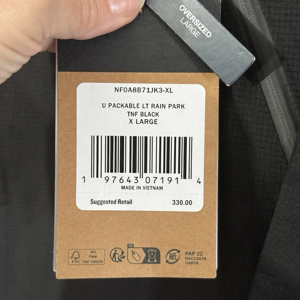 NWT North Face Men's XL Packable LT‎ Rain Parka Jacket Unisex Black Waterproof