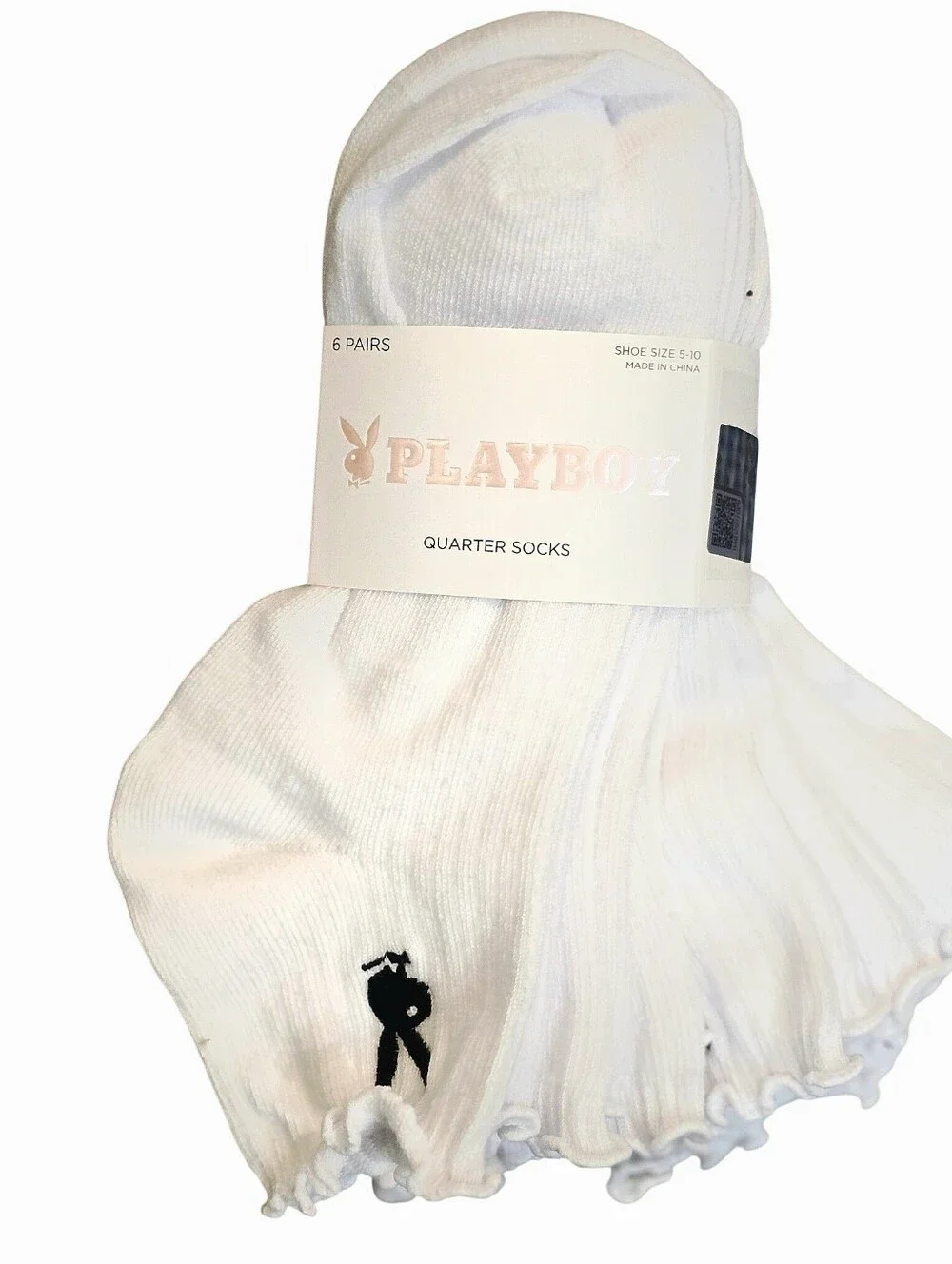 Playboy 6-PK Bunny Logo Ruffled Quarter Socks- White/Black
