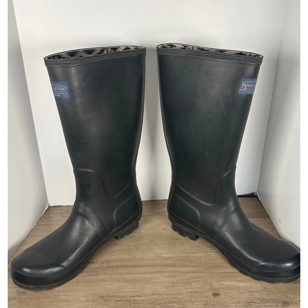 Pendleton Womens 10 Tall Black Rubber Rain Boots Geometric Buckle‎ Waterproof