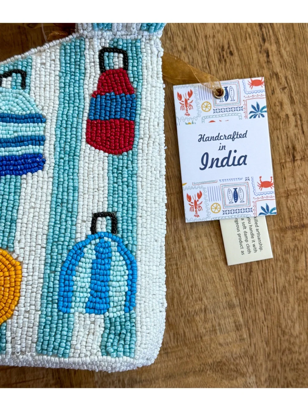 Handmade Beaded Bamboo Handle Clutch Nautical Buoy Coastal Beach Purse NWT blue