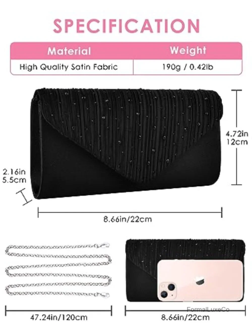 Satin Envelope Clutch with Rhinestones Crossbody Shoulder Bag Evening Wedding