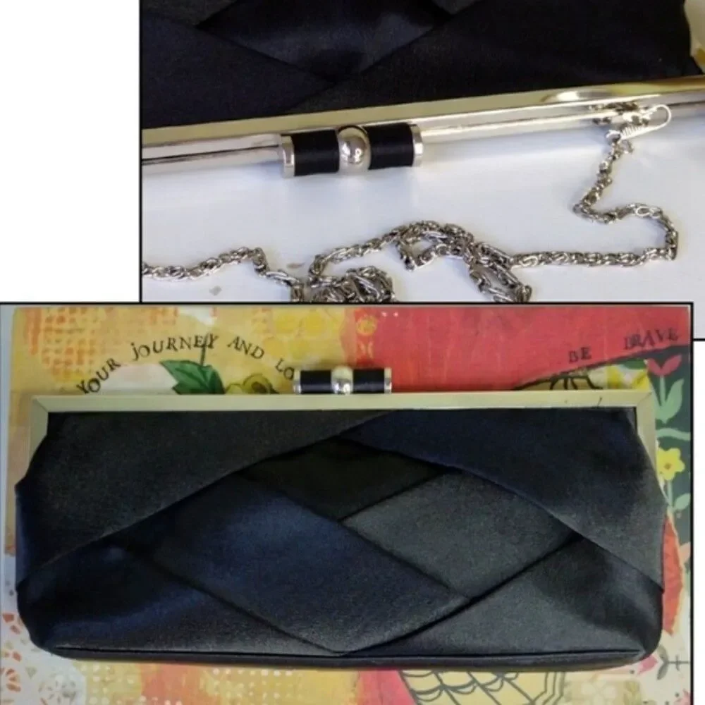 Bijoux Terner VTG Y2K Black‎ Satin Weaved Kisslock Top Evening Clutch with Chain