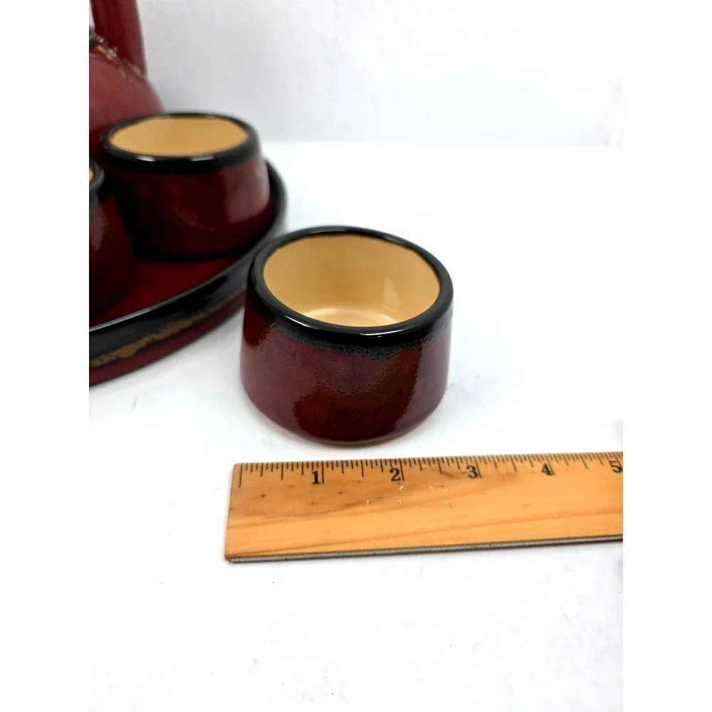 Vtg Pier 1‎ Shanghai Teapot Set 7 piece Earthenware Reddish Brown Black Tan