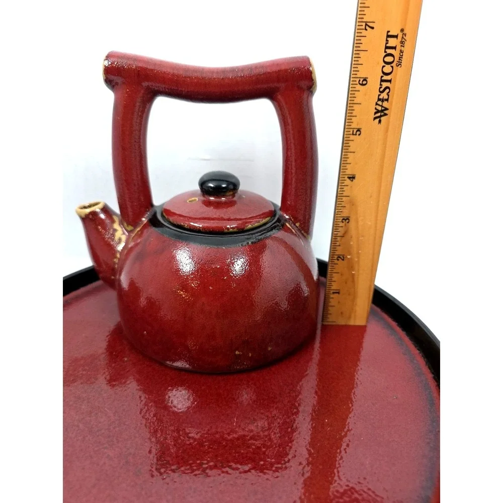 Vtg Pier 1‎ Shanghai Teapot Set 7 piece Earthenware Reddish Brown Black Tan