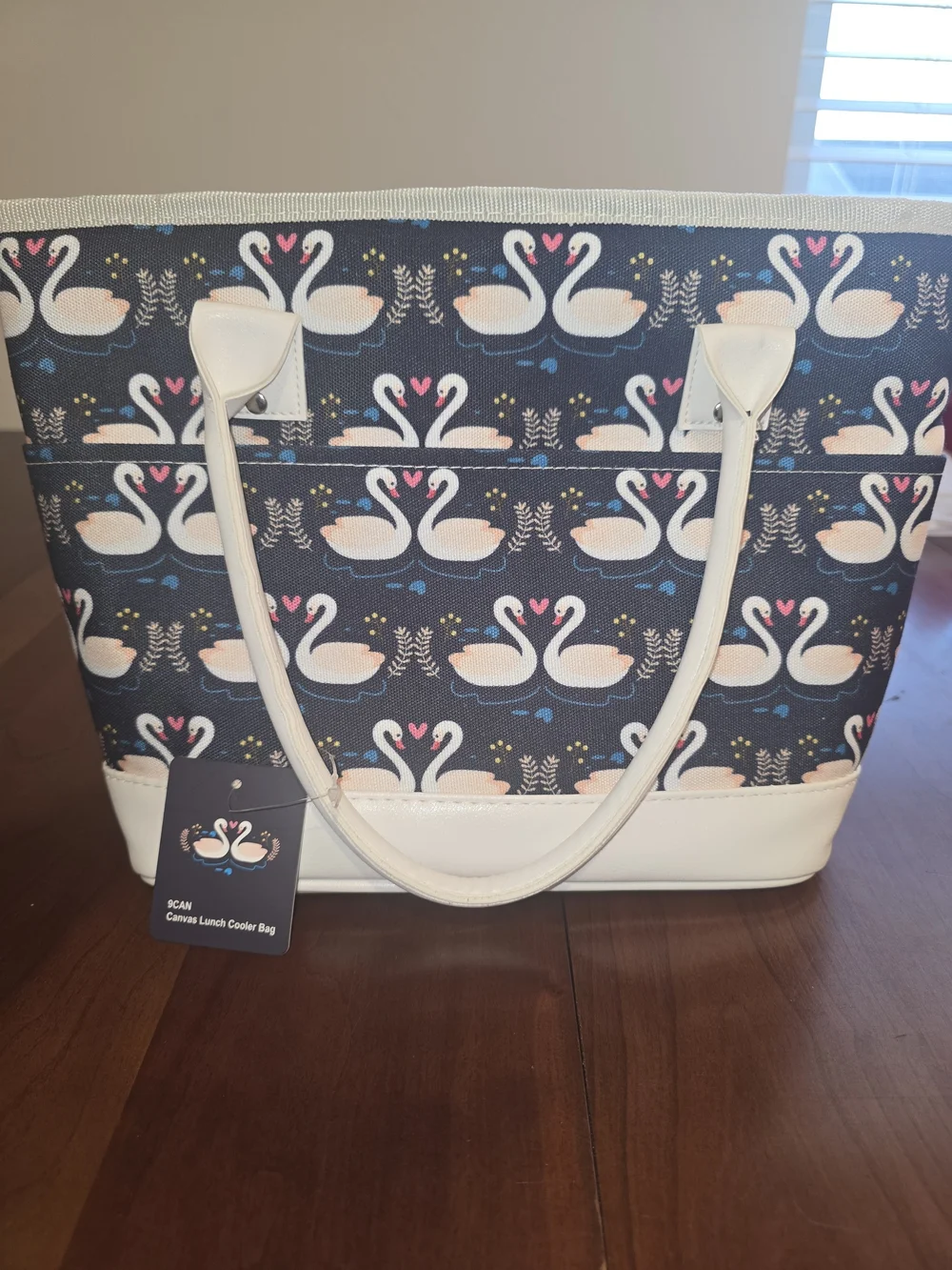 9Can Canvas Swan Print Insulated Tote Bag with Cream Trim, New with tags!