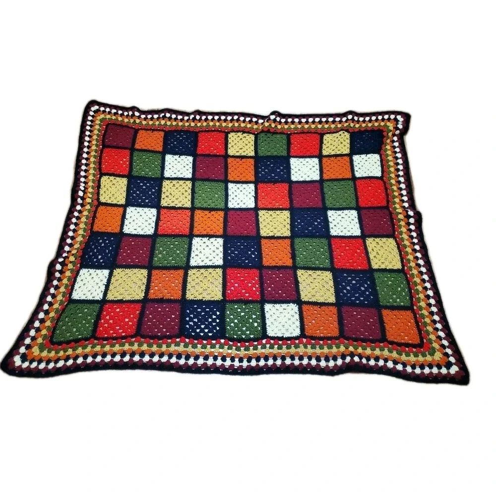 Vintage Granny Square Handmade Crocheted Afghan Blanket Black Orange Green 58x45