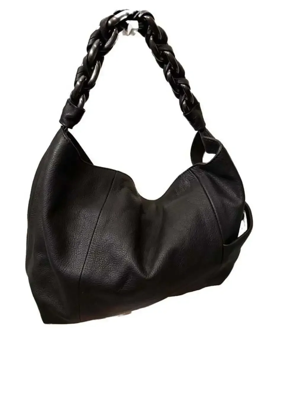 Vince Camuto Kimi Black Pebbled Leather Hobo Bag with Braided Chain Handle