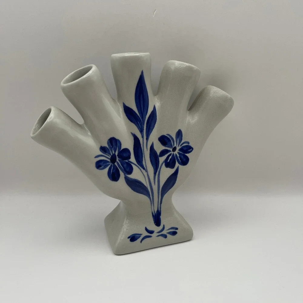 Ceramic 5 Finger Vase Blue Floral Hand Painted Gray Williamsburg Folk Art Frog